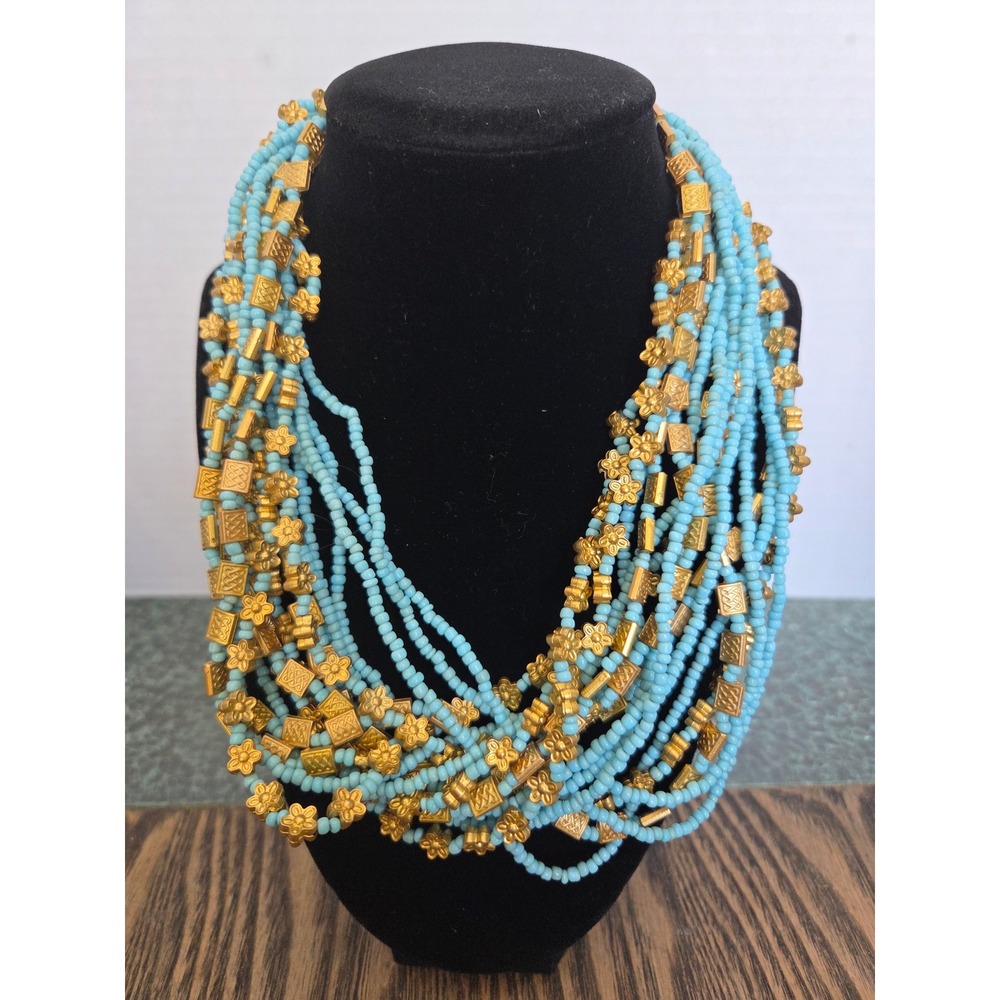 Turquoise Blue Multi Strand Seed Bead Necklace Gold Tone Floral Accents Boho